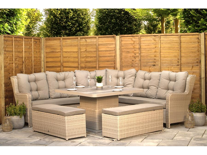 Burbage Large Rattan Corner Lounge Set with Height Adjustable Table in Latte